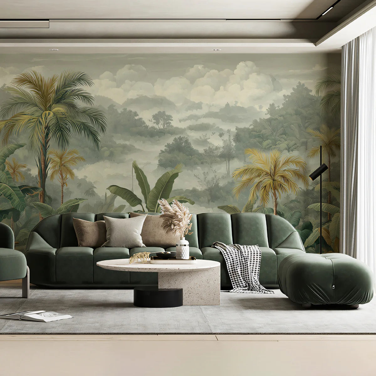 Misty Tropical Mountain Mural Wallpaper — Vintage Botanical Landscape Mural Wallpaper - room preview 02
