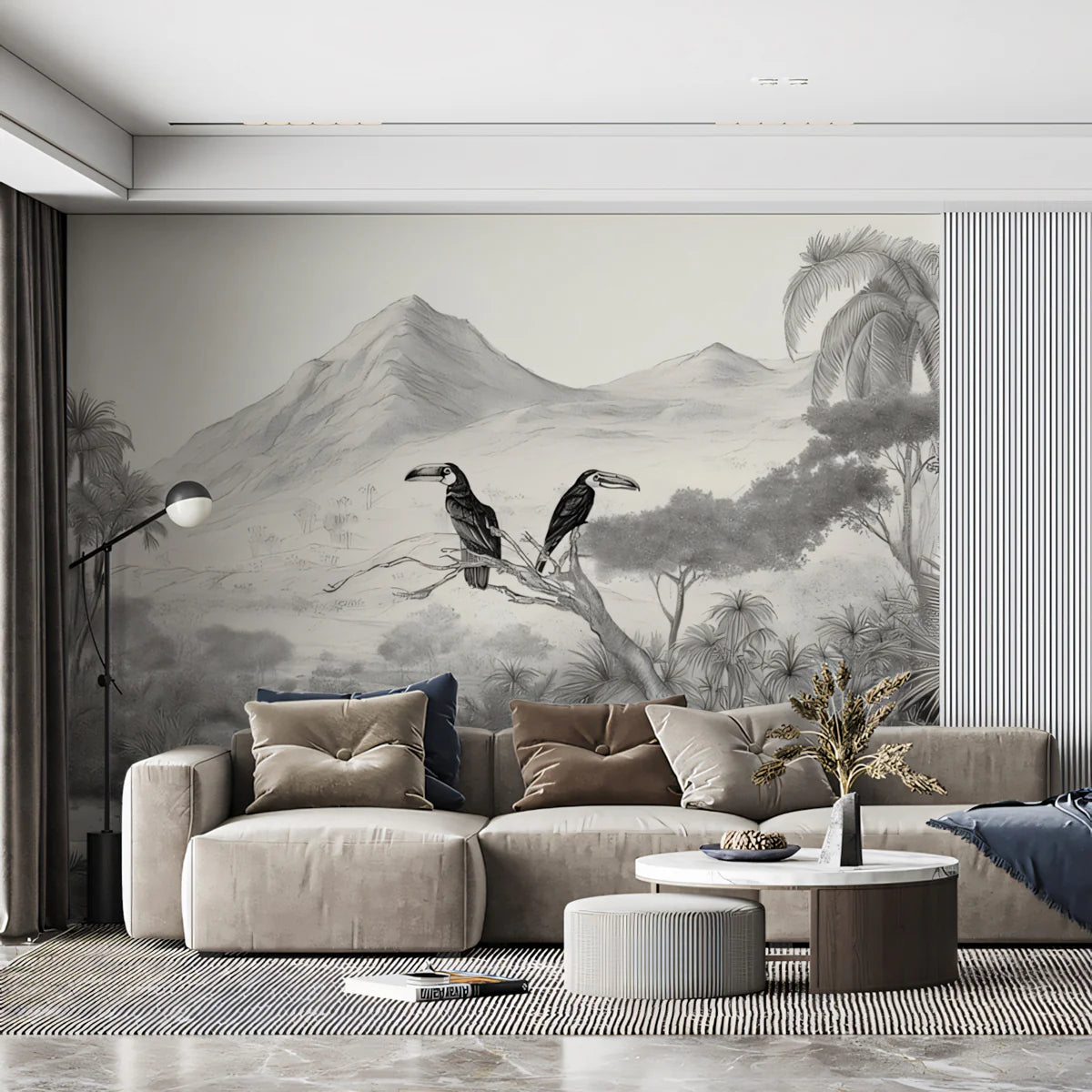 Monochrome Jungle Toucan Landscape Mural Wallpaper - room preview 02