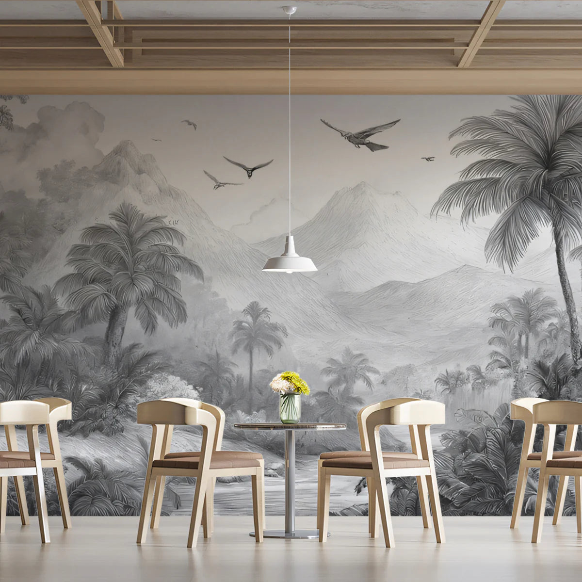 Monochrome Jungle Landscape Mural Wallpaper — Minimalist Sketch Style Mural Wallpaper - room preview 02