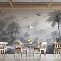 Monochrome Jungle Landscape Mural Wallpaper — Minimalist Sketch Style Mural Wallpaper - room preview 02