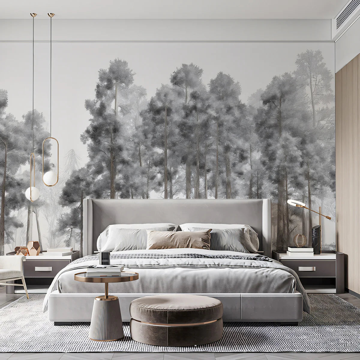 Sketch Forest Mural Wallpaper — Monochrome Woodland Landscape Mural Wallpaper - room preview 02