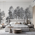 Sketch Forest Mural Wallpaper — Monochrome Woodland Landscape Mural Wallpaper - room preview 02