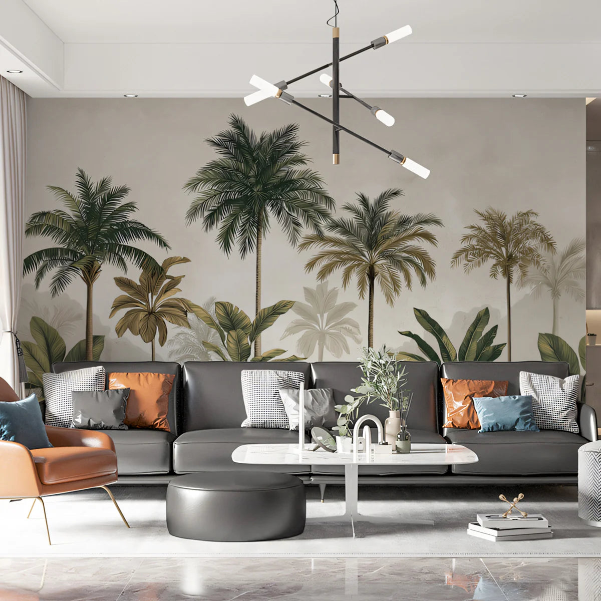 Vintage Palm & Safari Mural Wallpaper — Muted Earthy Landscape Mural Wallpaper - room preview 02