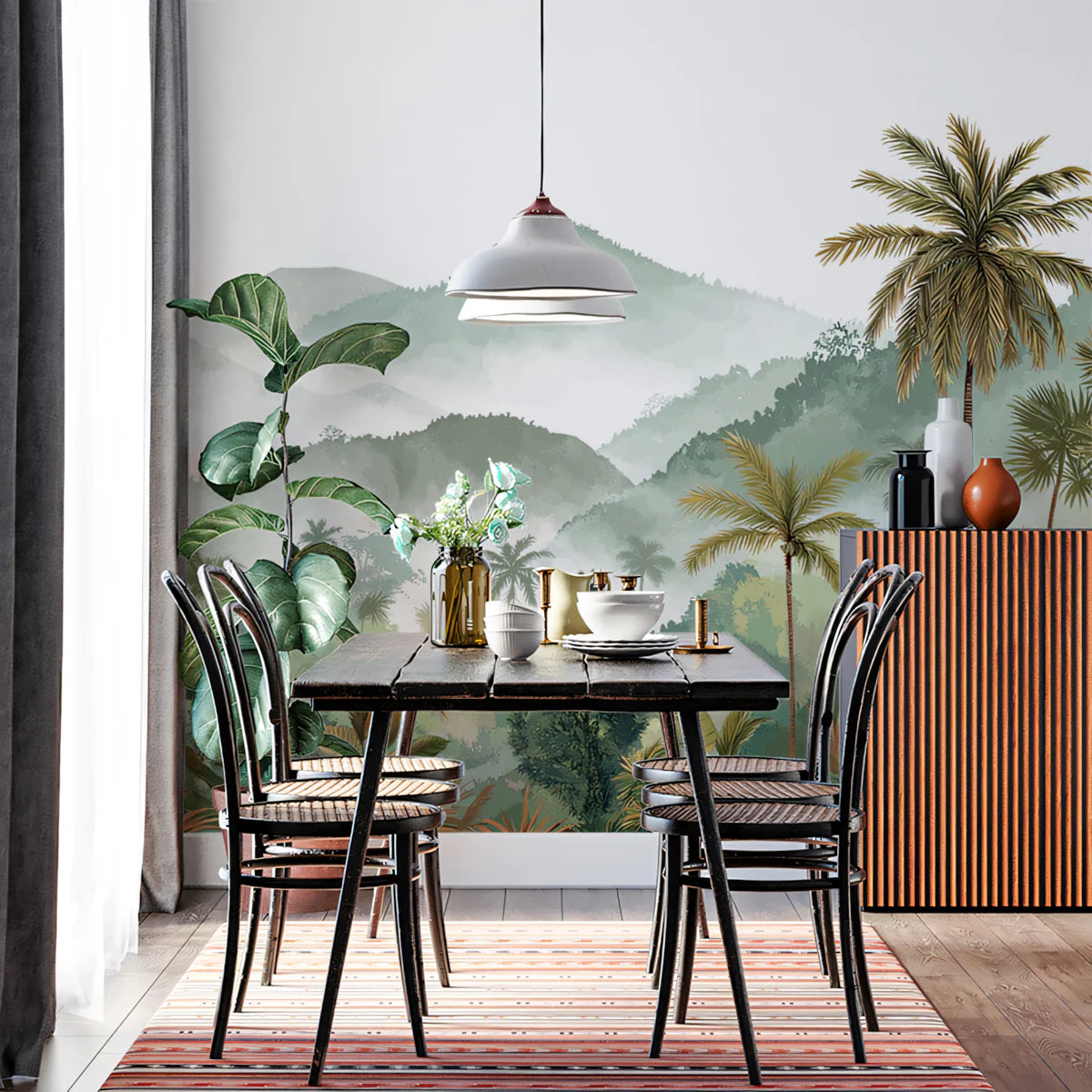 Misty Tropical Mountain Mural Wallpaper — Watercolor Landscape Mural Wallpaper - room preview 02