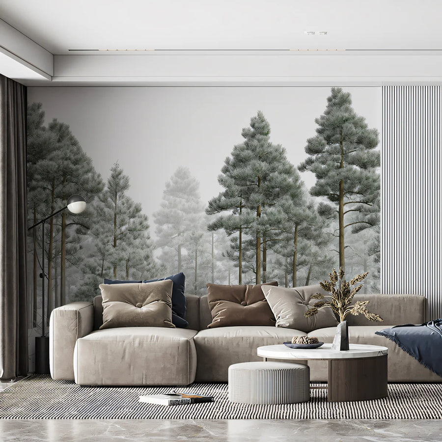 Forest Wallpaper Mural – Woodland Wall Mural – Snow-Dusted Pine Forest Winter Woodland