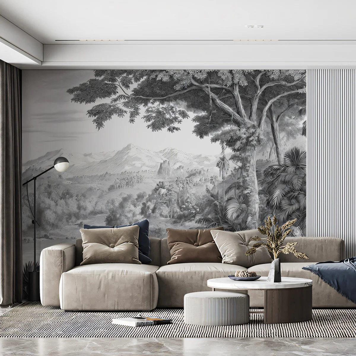 Monochrome Jungle Landscape Mural Wallpaper with Elephants Mural Wallpaper - room preview 02