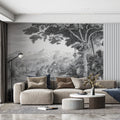Monochrome Jungle Landscape Mural Wallpaper with Elephants Mural Wallpaper - room preview 02