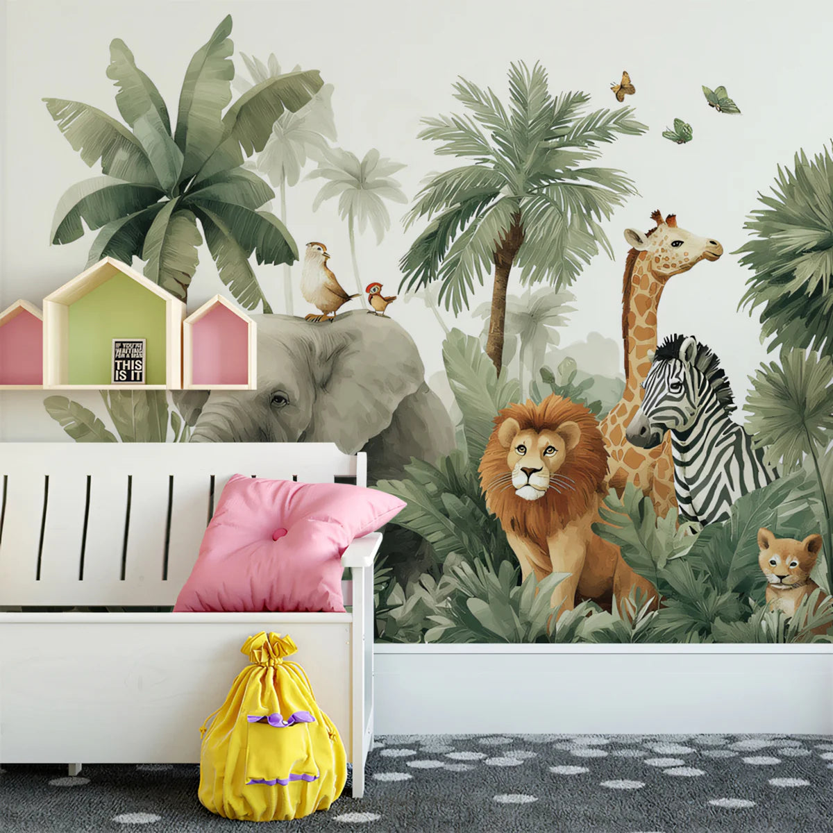 Safari Friends Mural Wallpaper — Playful Jungle Animal Illustration Mural Wallpaper - room preview 02