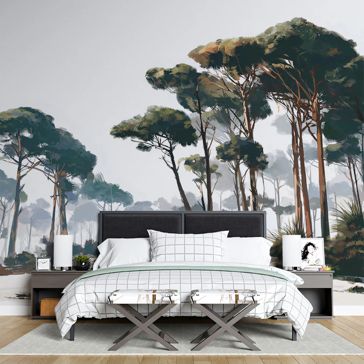 Painterly Pine Forest Mural Wallpaper — Impressionistic Winter Landscape Mural Wallpaper - room preview 02
