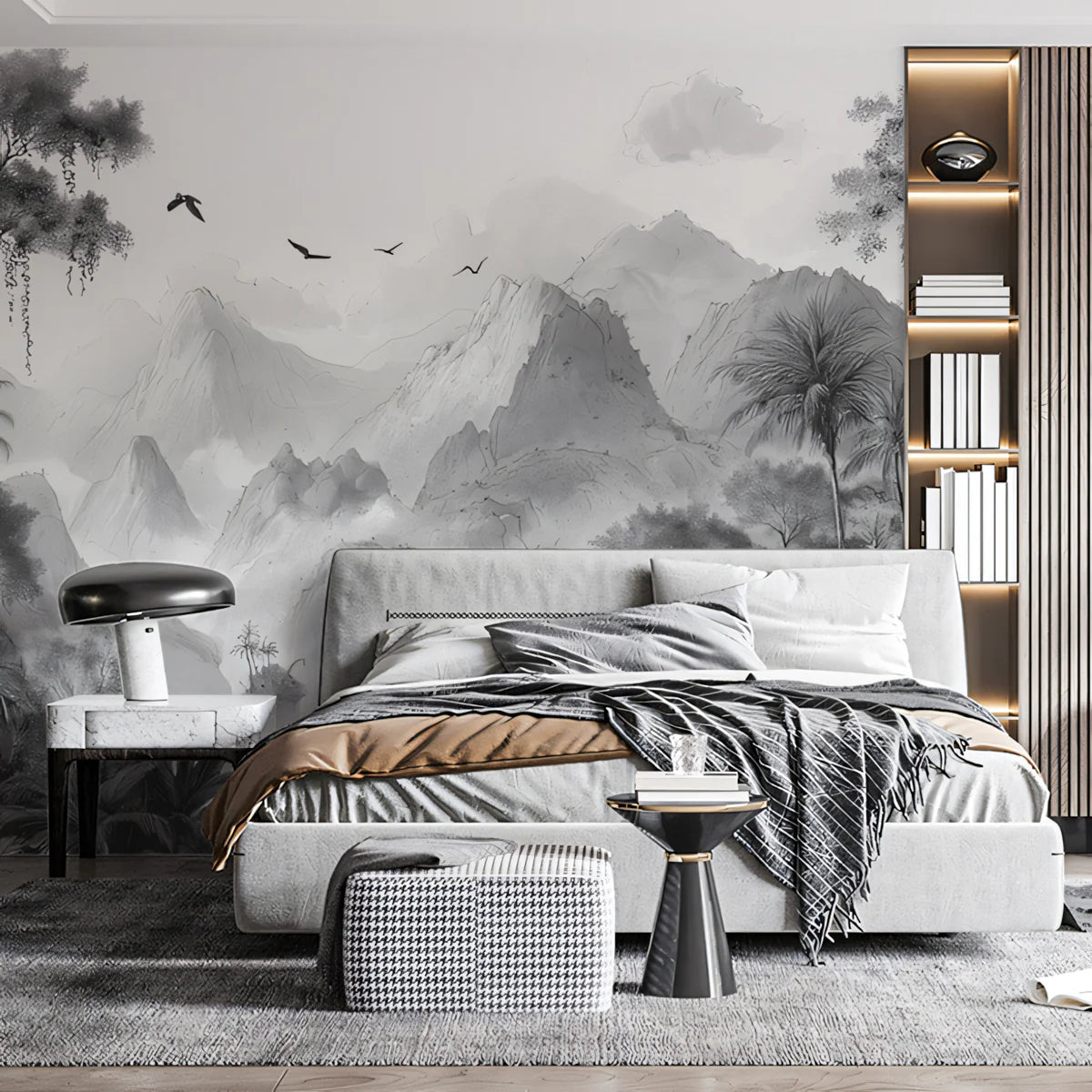 Monochrome Jungle Landscape Mural Wallpaper — Hand-Drawn Scenic Mural Wallpaper - room preview 02