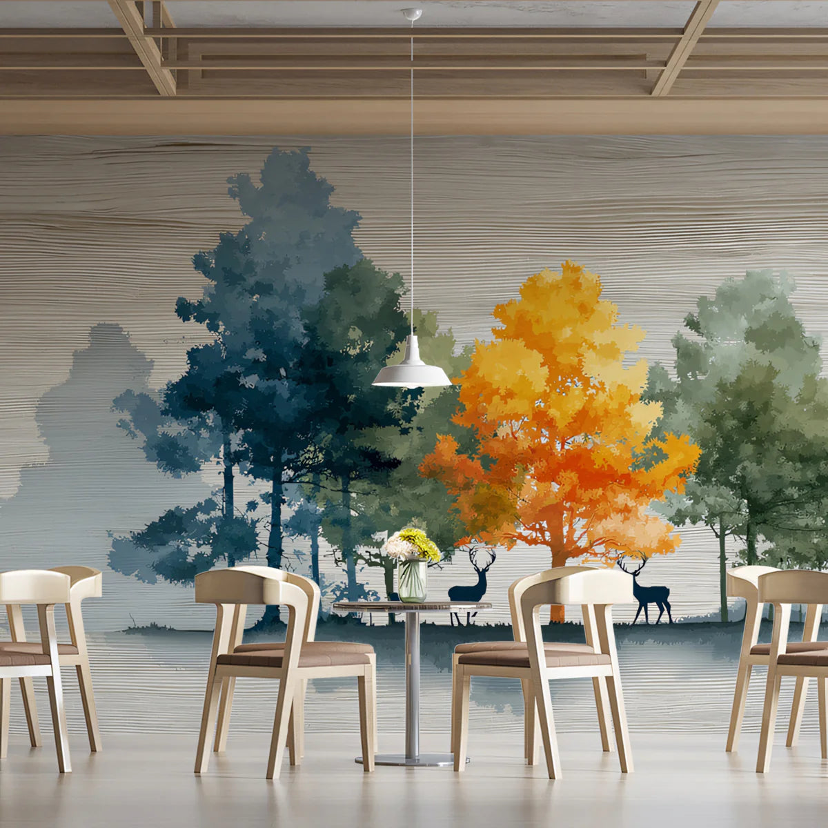 Abstract Deer and Forest Mural Wallpaper — Modern Woodland Scene Mural Wallpaper - room preview 02
