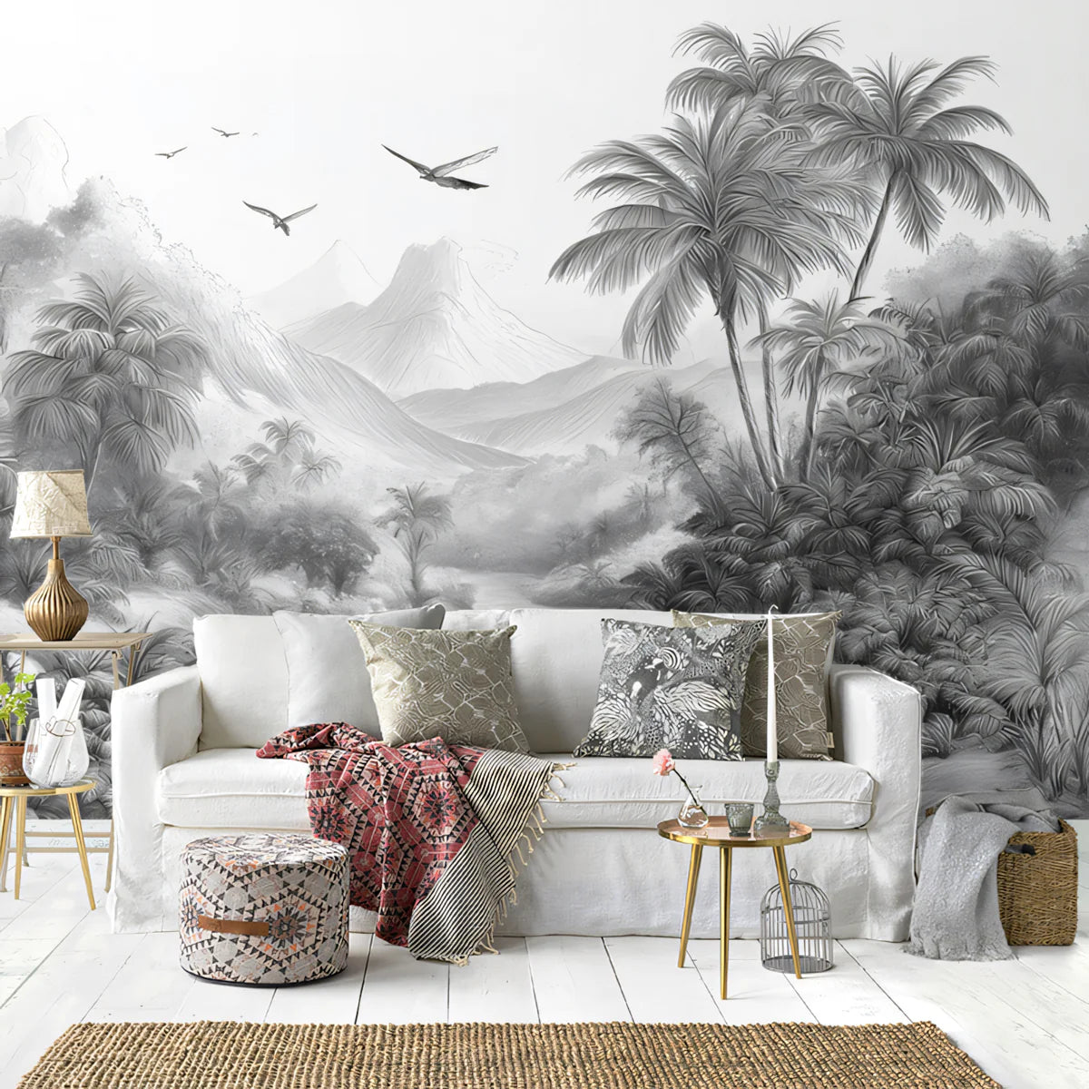 Monochrome Jungle River Mural Wallpaper — Hand-Drawn Tropical Scene Mural Wallpaper - room preview 02