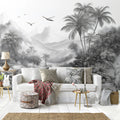 Monochrome Jungle River Mural Wallpaper — Hand-Drawn Tropical Scene Mural Wallpaper - room preview 02
