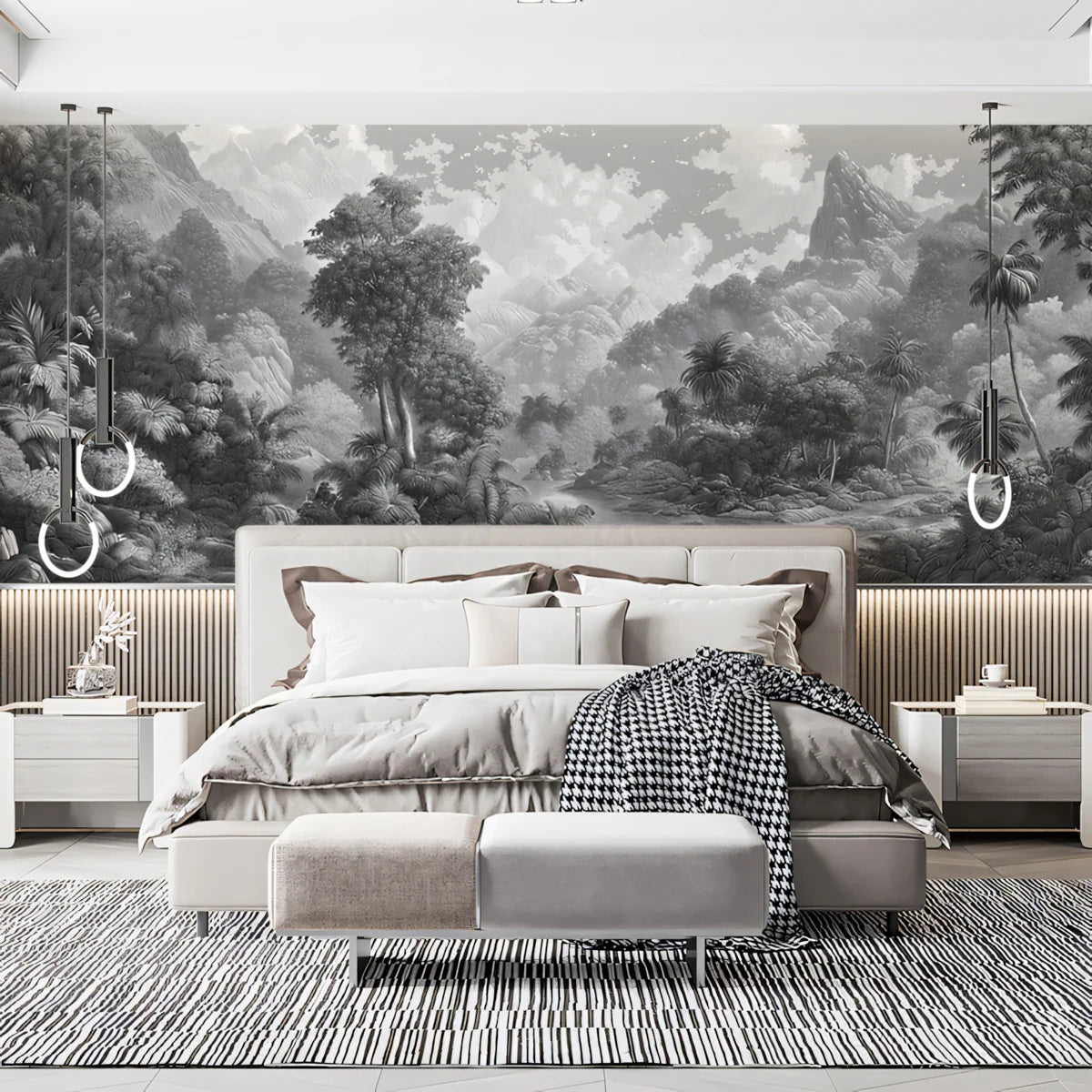 Monochrome Jungle Landscape Mural Wallpaper — Detailed Scenic Art Mural Wallpaper - room preview 02