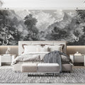 Monochrome Jungle Landscape Mural Wallpaper — Detailed Scenic Art Mural Wallpaper - room preview 02