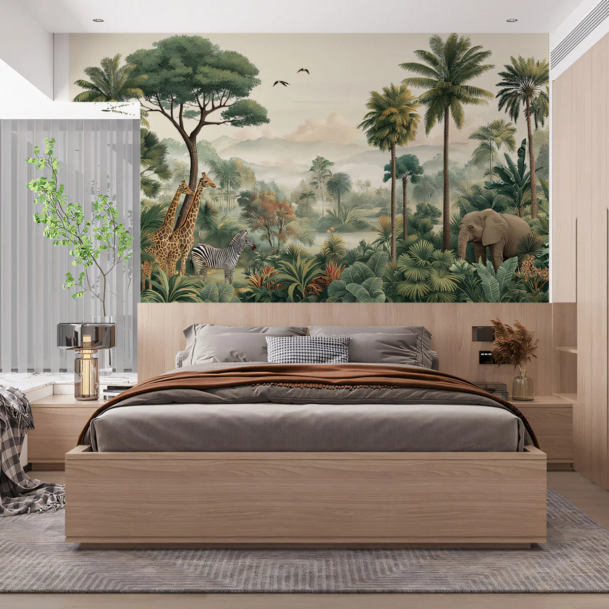 Safari Wildlife Mural Wallpaper — Vintage Tropical Landscape Mural Wallpaper - room preview 02
