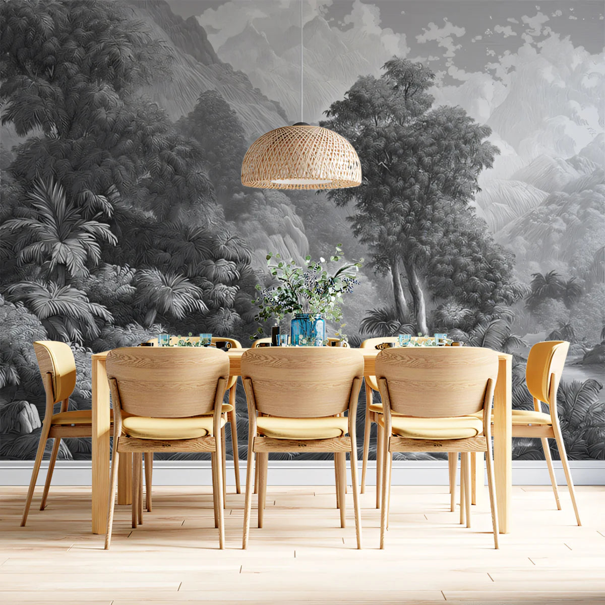Monochrome Jungle Landscape Mural Wallpaper — Detailed Mountain View Mural Wallpaper - room preview 02