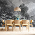 Monochrome Jungle Landscape Mural Wallpaper — Detailed Mountain View Mural Wallpaper - room preview 02
