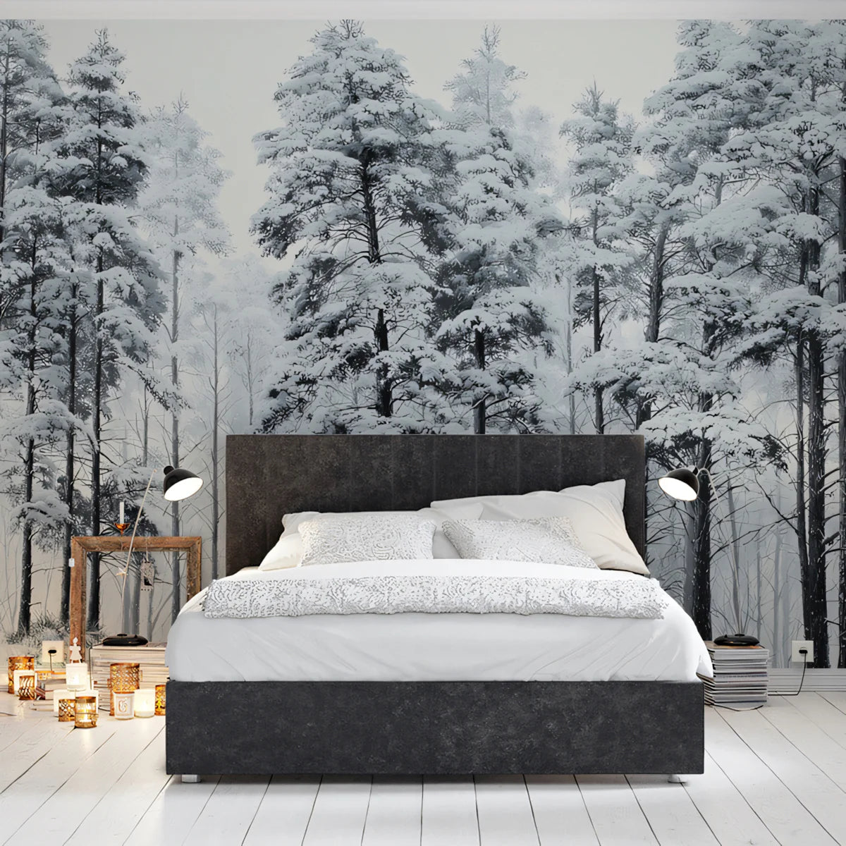 Snowy Pine Forest Mural Wallpaper — Monochrome Winter Landscape Mural Wallpaper - room preview 02