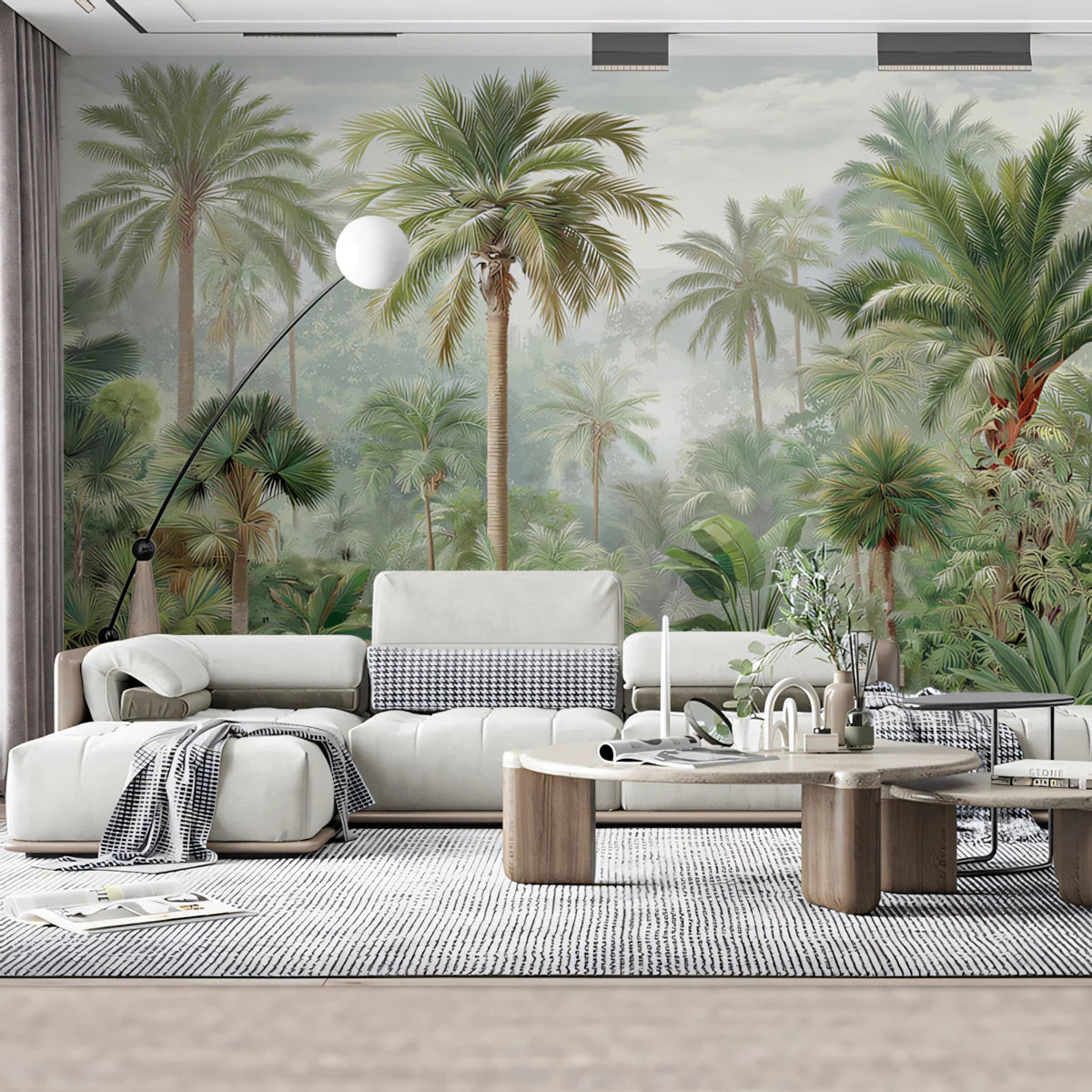 Jungle Oasis Mural Wallpaper — Misty Palm and Wildlife Scene Mural Wallpaper - room preview 02