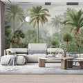 Jungle Oasis Mural Wallpaper — Misty Palm and Wildlife Scene Mural Wallpaper - room preview 02
