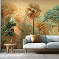 Vintage Tropical Jungle Mural Wallpaper — Sepia and Teal Motif Mural Wallpaper - room preview 02