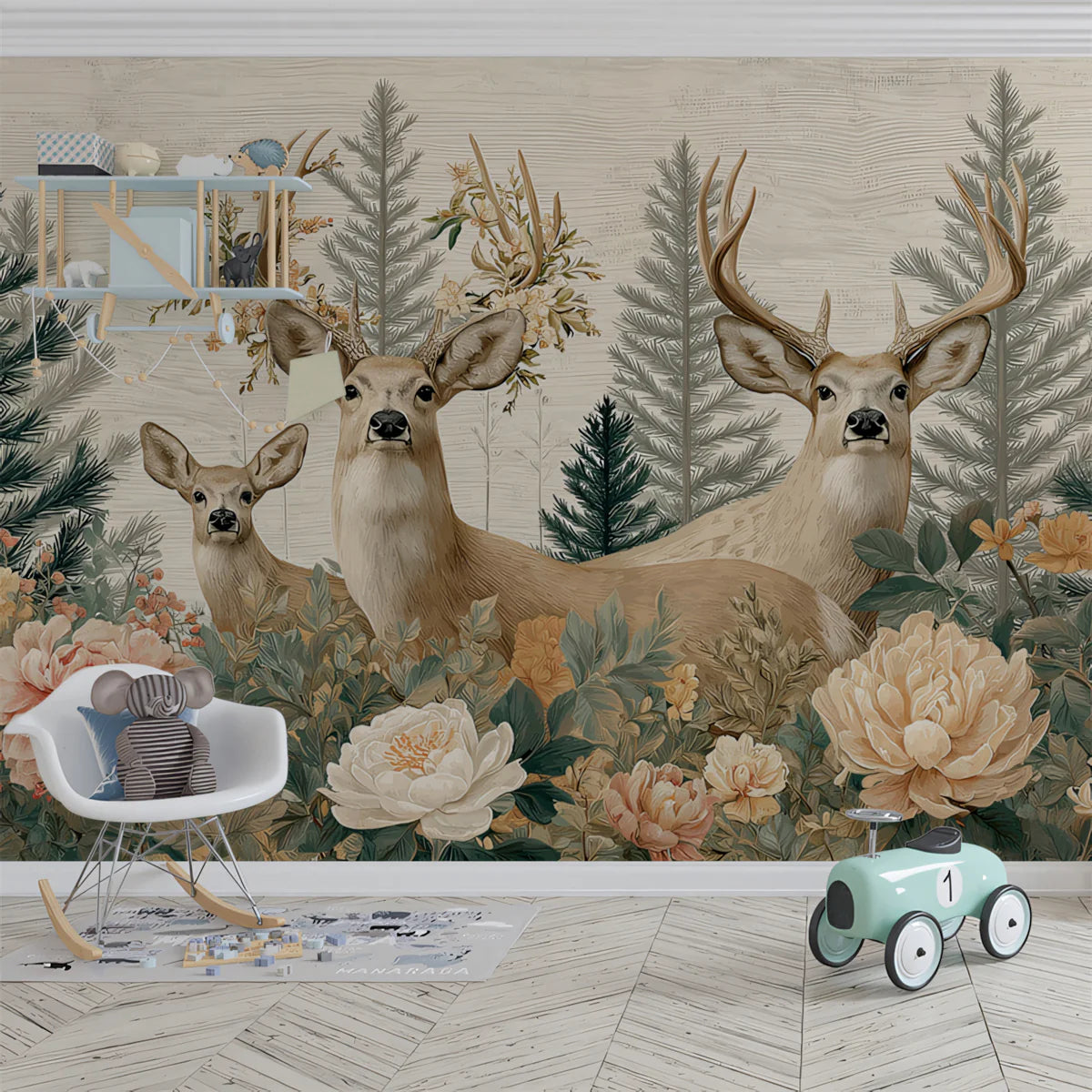 Rustic Deer and Floral Meadow Mural Wallpaper — Woodland Charm Mural Wallpaper - room preview 02