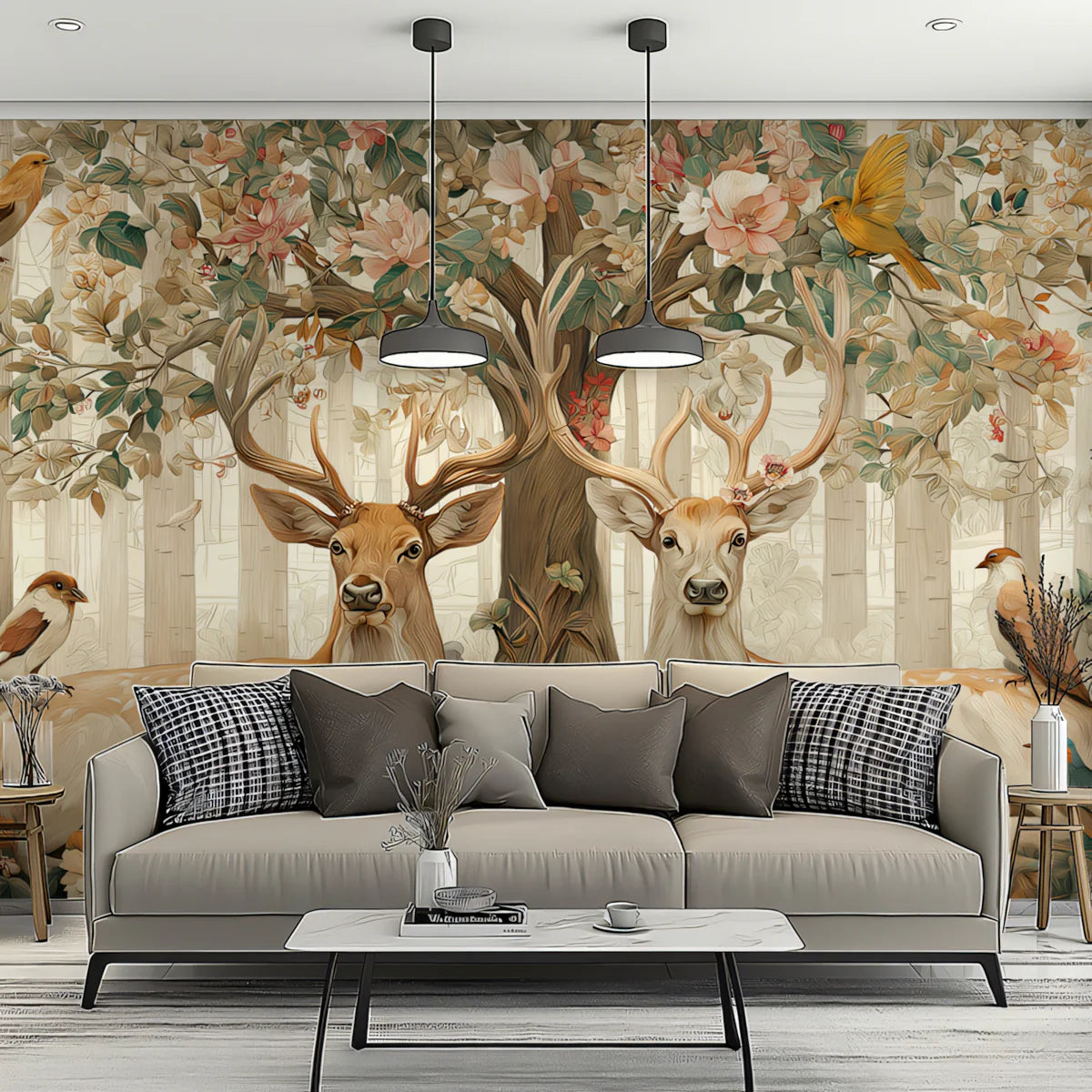 Stag and Songbird Woodland Mural Wallpaper in Soft Earth Tones Mural Wallpaper - room preview 02