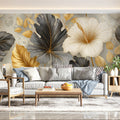 Gilded Tropical Floral Mural Wallpaper — Modern Metallic Leaf Decor Mural Wallpaper - room preview 02