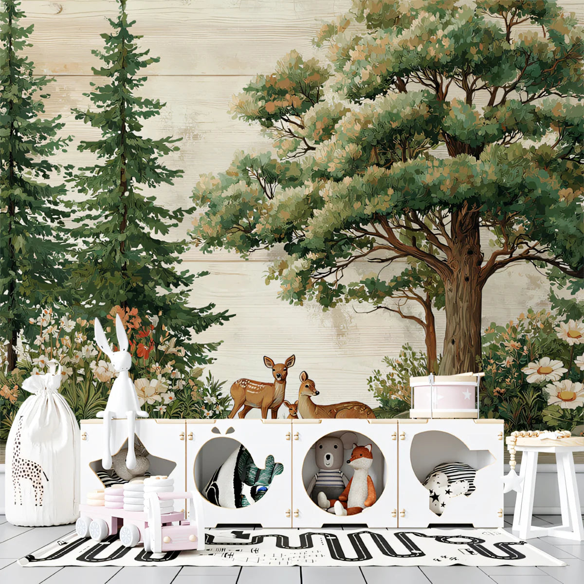 Rustic Deer and Woodland Forest Mural Wallpaper —Vintage Style Mural Wallpaper - room preview 02