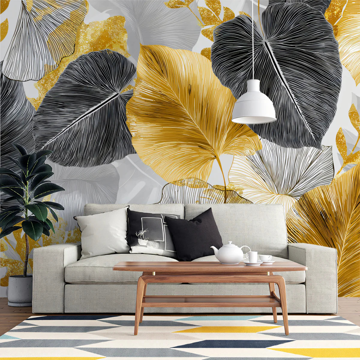 Gilded Tropical Foliage Mural Wallpaper — Modern Luxe Design Mural Wallpaper - room preview 02