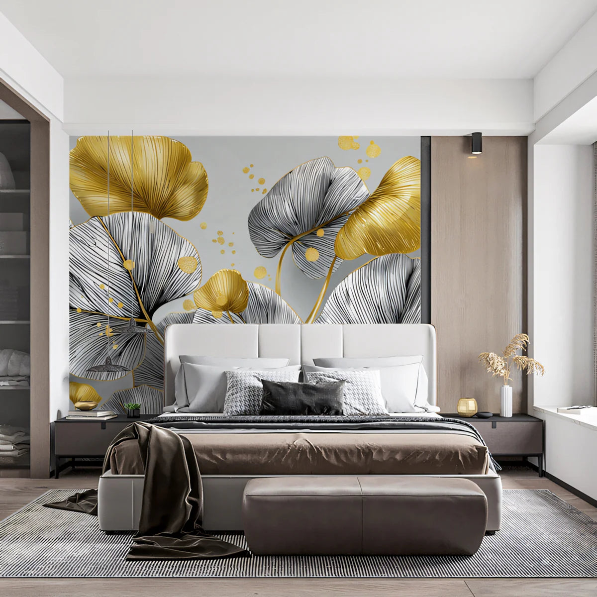 Gilded Round Leaf Botanical Mural Wallpaper — Modern Monochrome Mural Wallpaper - room preview 02