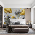 Gilded Round Leaf Botanical Mural Wallpaper — Modern Monochrome Mural Wallpaper - room preview 02
