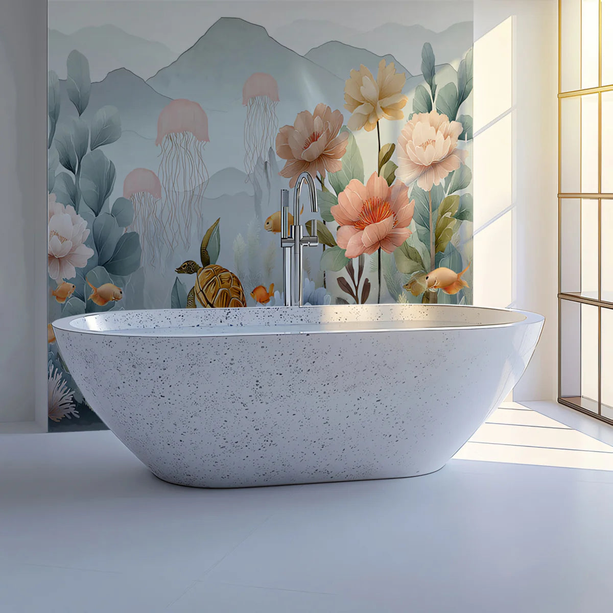 Underwater Garden Mural Wallpaper — Sea Turtle and Floral Scene Mural Wallpaper - room preview 02