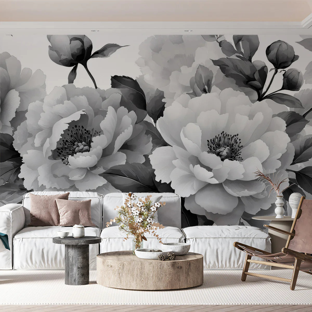 Monochrome Peony Bloom Mural Wallpaper — Artistic Floral Detail Mural Wallpaper - room preview 02