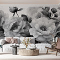 Monochrome Peony Bloom Mural Wallpaper — Artistic Floral Detail Mural Wallpaper - room preview 02