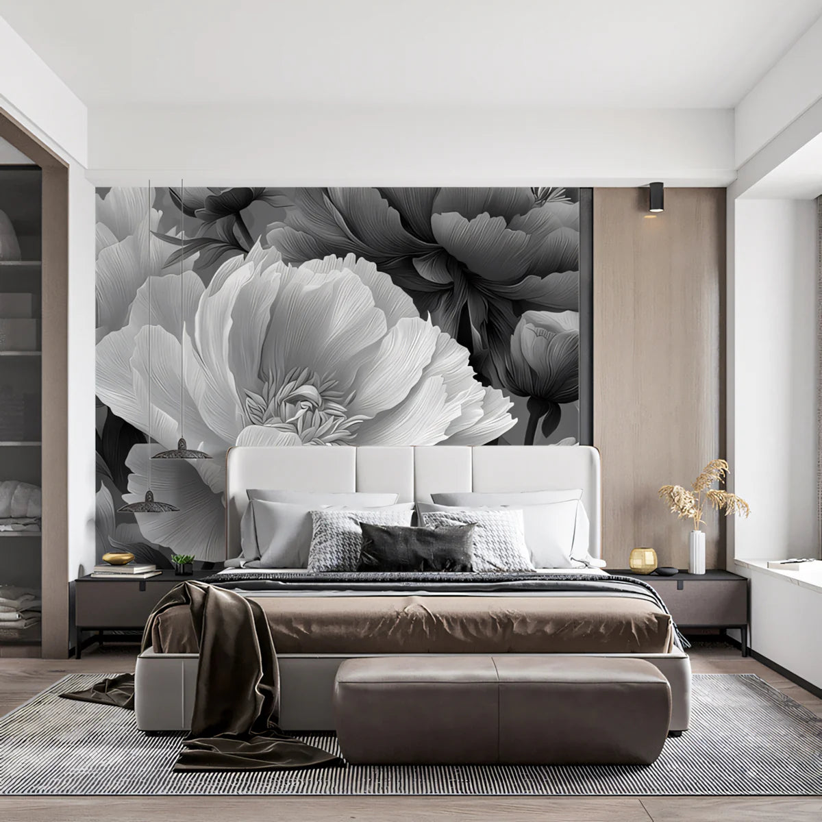 Monochrome Peony Bloom Mural Wallpaper — Dramatic Floral Wall Art Mural Wallpaper - room preview 02