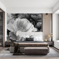 Monochrome Peony Bloom Mural Wallpaper — Dramatic Floral Wall Art Mural Wallpaper - room preview 02