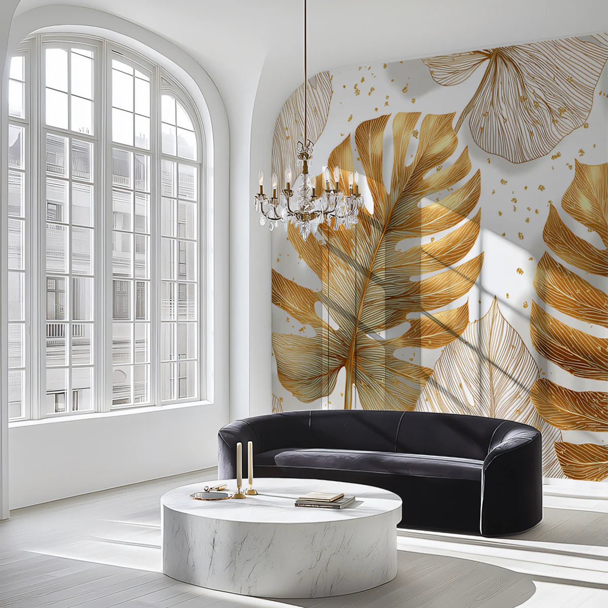 Gilded Monstera Leaf Mural Wallpaper — Modern Foliage Design Mural Wallpaper - room preview 02