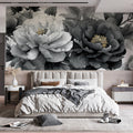 Monochrome Peony Floral Mural Wallpaper — Elegant Black and White Mural Wallpaper - room preview 02