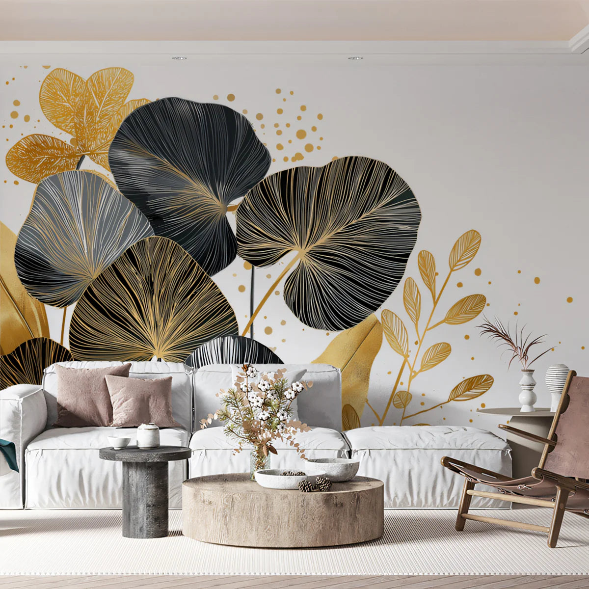 Gilded Botanical Leaf Mural Wallpaper — Modern Gold and Charcoal Mural Wallpaper - room preview 02