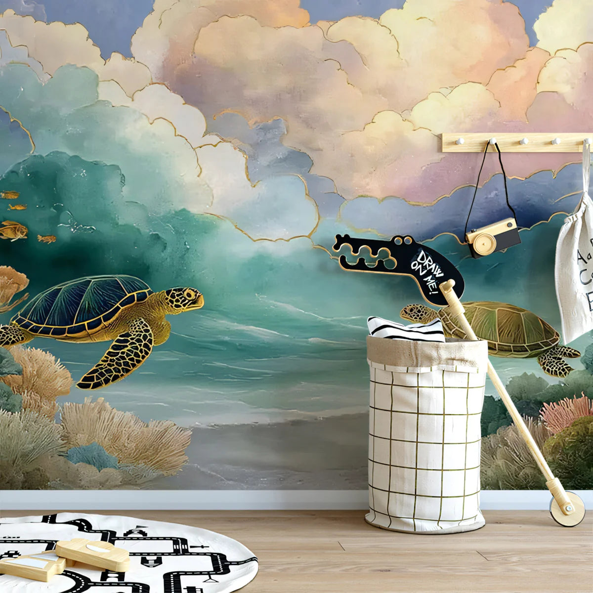 Ethereal Sea Turtle and Cloudscape Mural Wallpaper - room preview 02