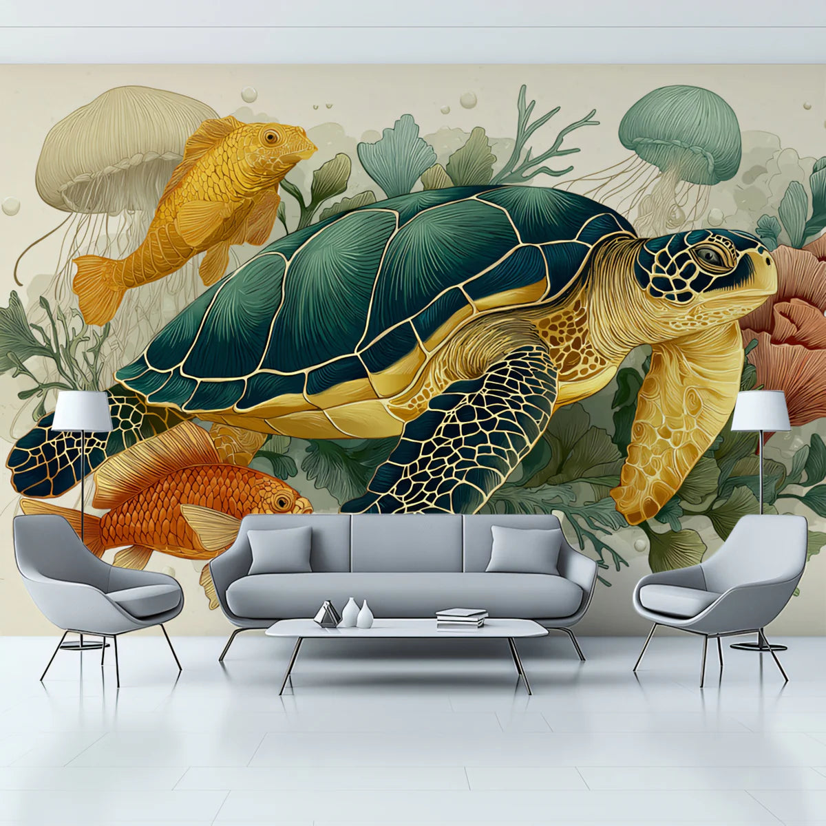 Underwater Sea Turtle Mural Wallpaper — Whimsical Marine Art Mural Wallpaper - room preview 02