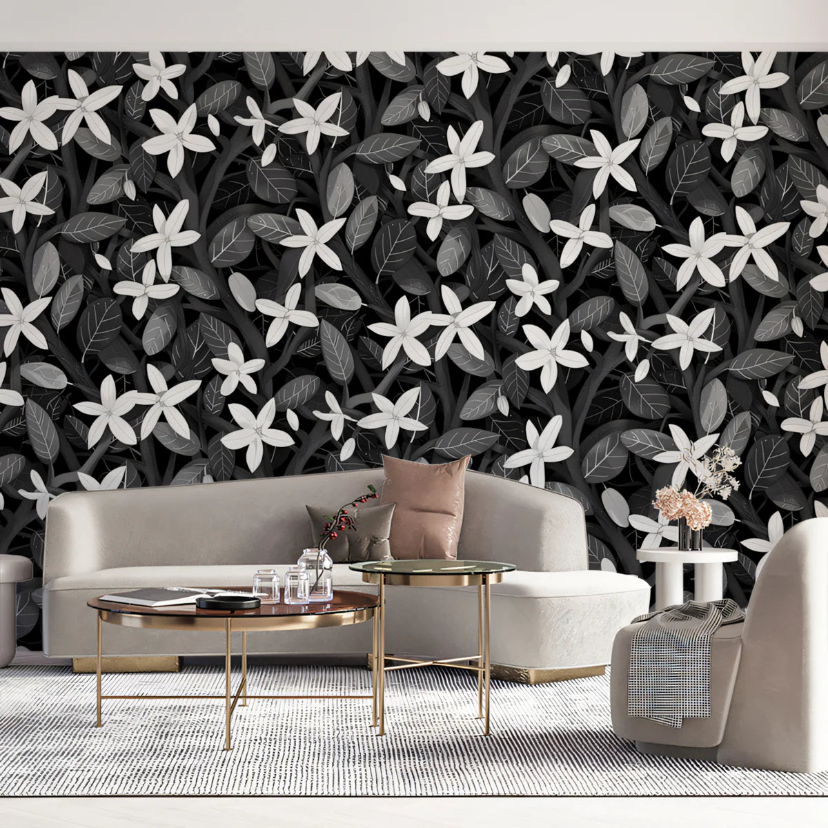 Jasmine Grove Mural Wallpaper — Monochromatic Floral Pattern Mural Wallpaper - room preview 02