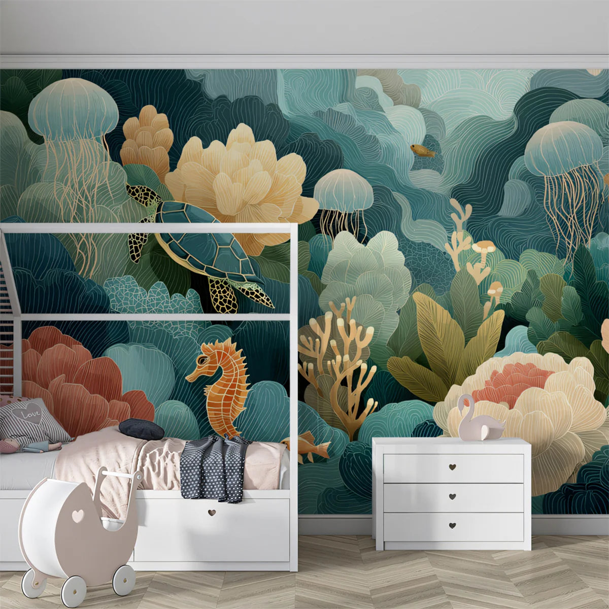 Underwater Garden Mural Wallpaper with Sea Turtle and Floral Motifs Mural Wallpaper - room preview 02