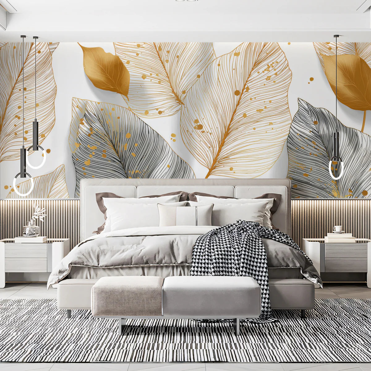 Gilded Foliage Mural Wallpaper — Sophisticated Metallic Botanical Mural Wallpaper - room preview 02