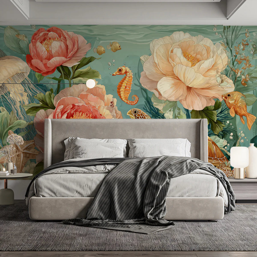 Sea Wallpaper Mural – Ocean Wall Mural – Underwater Garden with Sea Turtle and Peony Florals