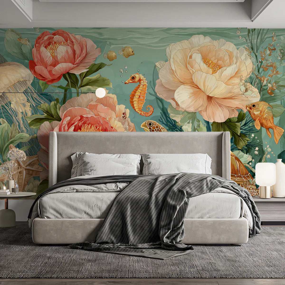 Underwater Garden Mural Wallpaper with Sea Turtle and Peony Florals Mural Wallpaper - room preview 02