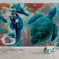 Underwater Sea Life Mural Wallpaper — Whimsical Ocean Scene Mural Wallpaper - room preview 02