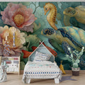 Abstract Sea Turtle Mural Wallpaper — Whimsical Ocean Motif Mural Wallpaper - room preview 02